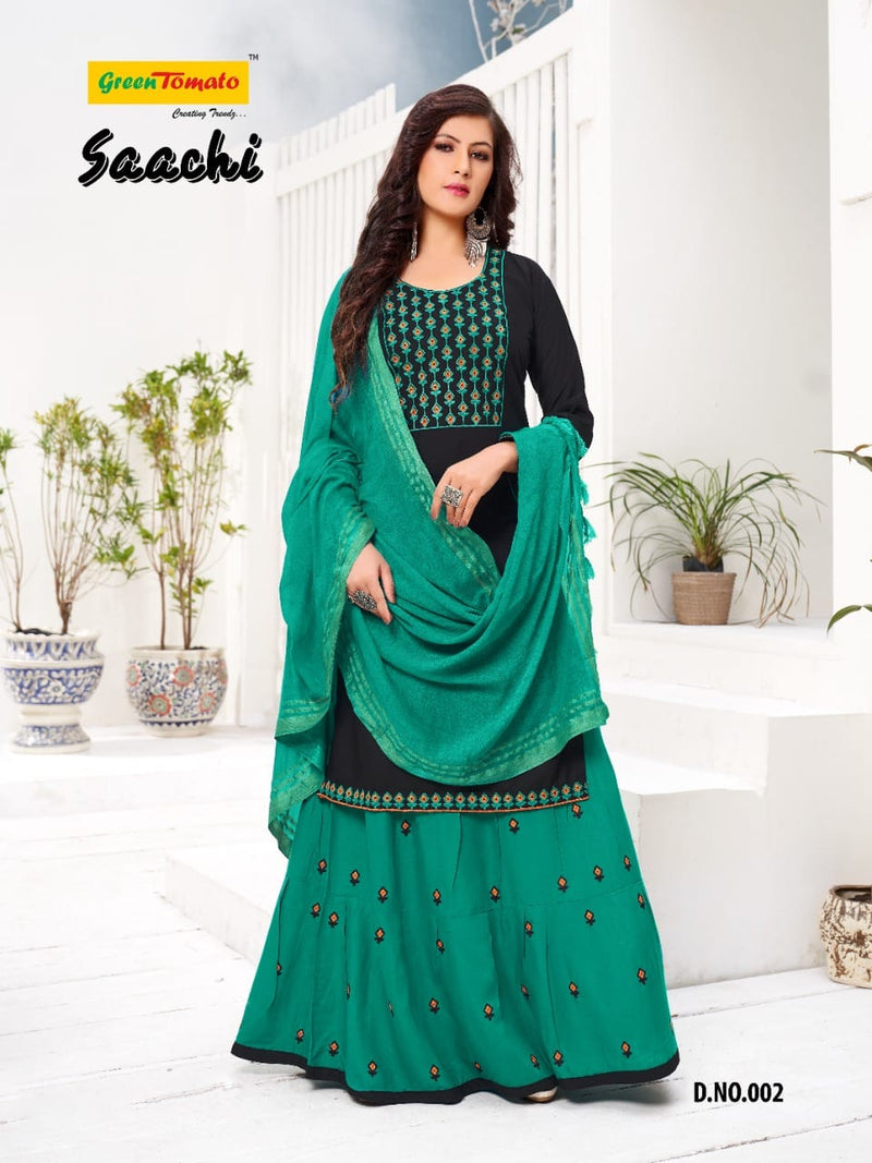 Green Tomato Saanchi Heavy Rayon Festive Wear  Kurtis With Set Of Dupatta & Skirt With Heavy Embroidery