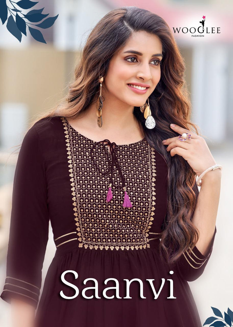Wooglee Saanvi Rayon With Beautiful Fancy Work Stylish Designer Festive Wear Fancy Long Kurti