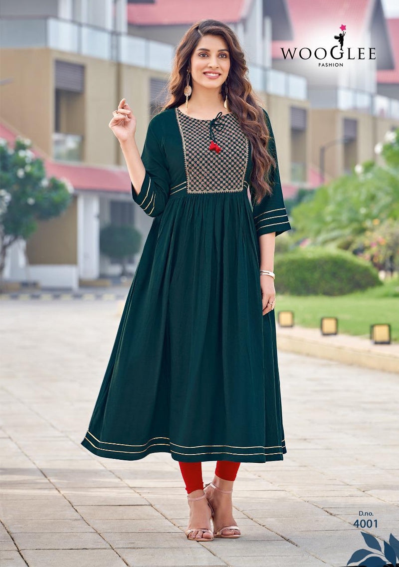Wooglee Saanvi Rayon With Beautiful Fancy Work Stylish Designer Festive Wear Fancy Long Kurti