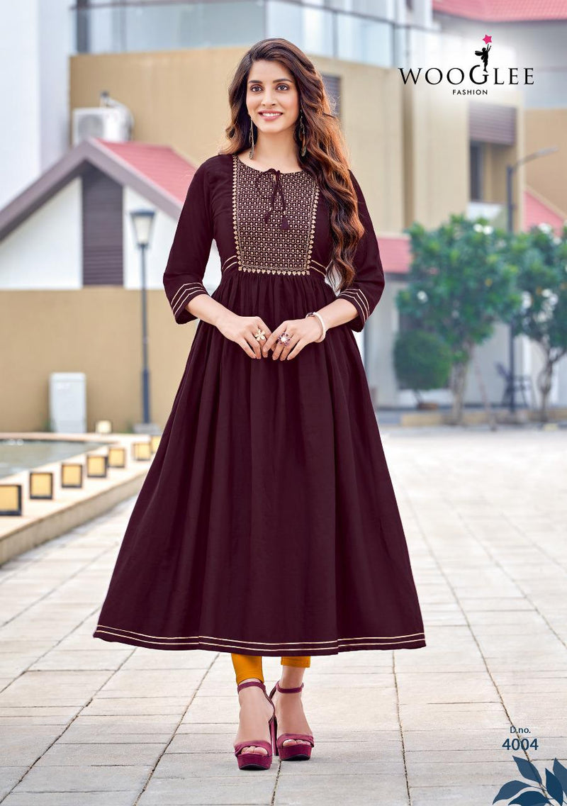 Wooglee Saanvi Rayon With Beautiful Fancy Work Stylish Designer Festive Wear Fancy Long Kurti