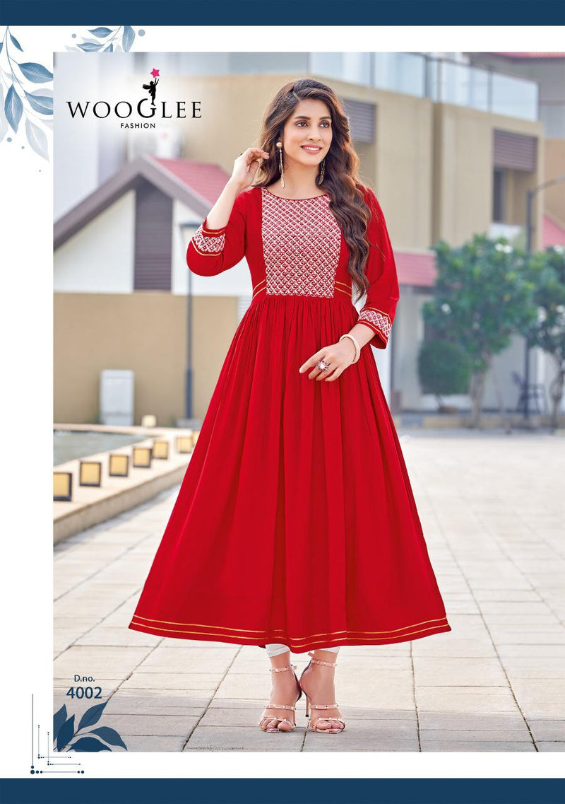 Wooglee Saanvi Rayon With Beautiful Fancy Work Stylish Designer Festive Wear Fancy Long Kurti