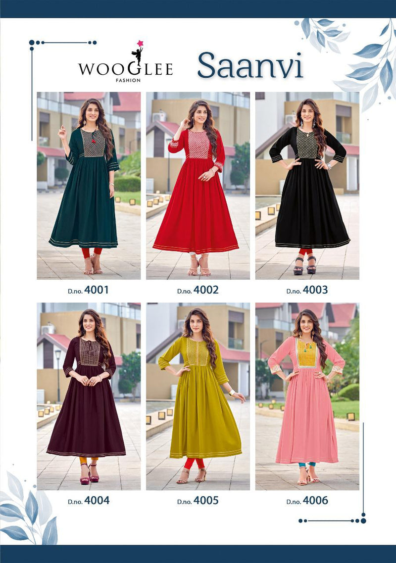 Wooglee Saanvi Rayon With Beautiful Fancy Work Stylish Designer Festive Wear Fancy Long Kurti