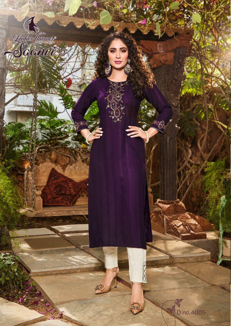 Ladies Flavour Saanvi Vol 3 Rayon Fancy Party Wear Embroidered  Kurtis With Bottom
