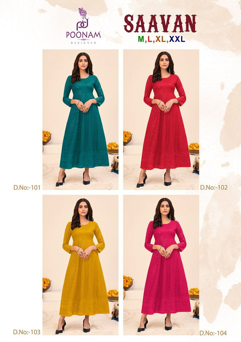 Poonam Designer Saavan Rayon Gown Style Long Party Wear Kurtis With Chicken Work
