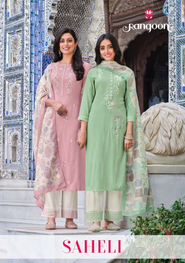 Rangoon Saheli Nylon Viscose Embroidered Designer Party Wear Kurtis With Bottom & Dupatta