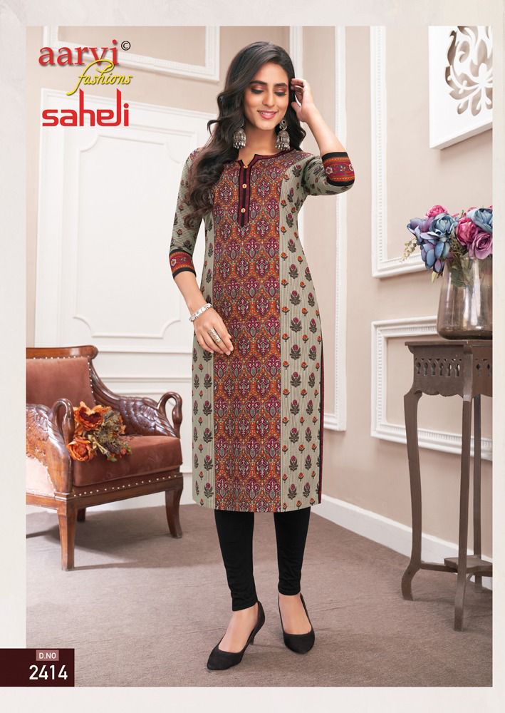 Aarvi Fashion Saheli Vol 14 Pure Cotton With Heavy Printed Work Stylish Designer Casual Look Kurti