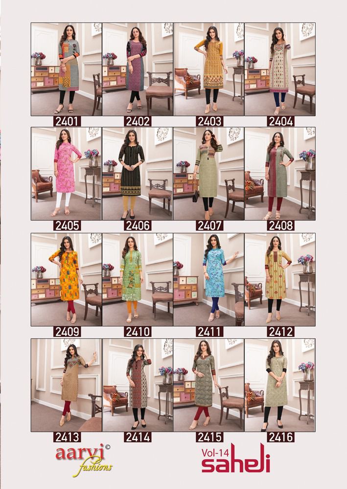 Aarvi Fashion Saheli Vol 14 Pure Cotton With Heavy Printed Work Stylish Designer Casual Look Kurti