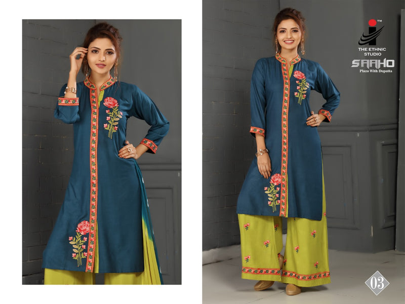 I The Ethnic Studio Sahoo Rayon Designer Party Wear Kurtis With Bottom & Dupatta