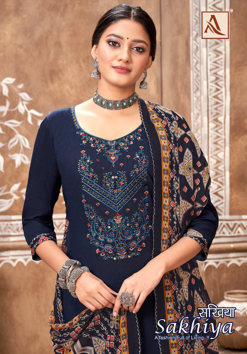 Alok Suit Sakhiya Viscose Rayon Printed With Heavy Embroidery Work Stylish Designer Casual Wear Salwar Kameez