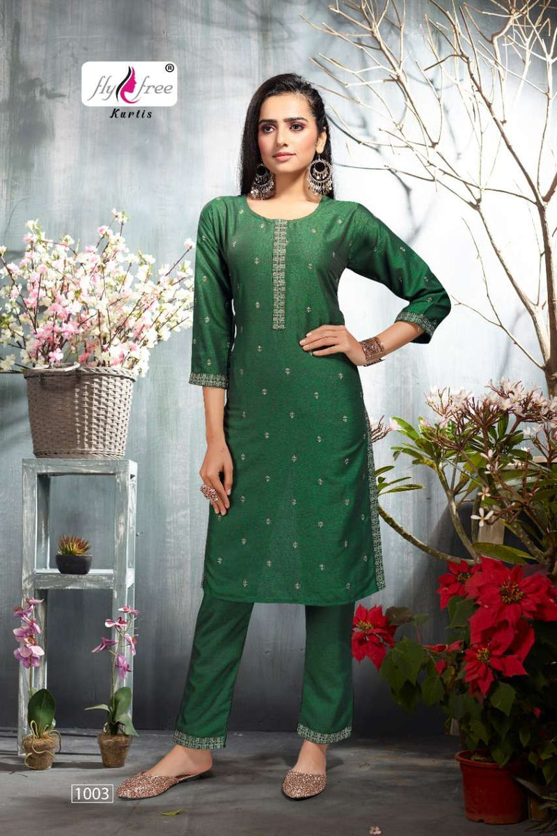 Fly Free Saloni Rayon Fancy Stylish Festive Wear Embroidered  Kurtis With Bottom