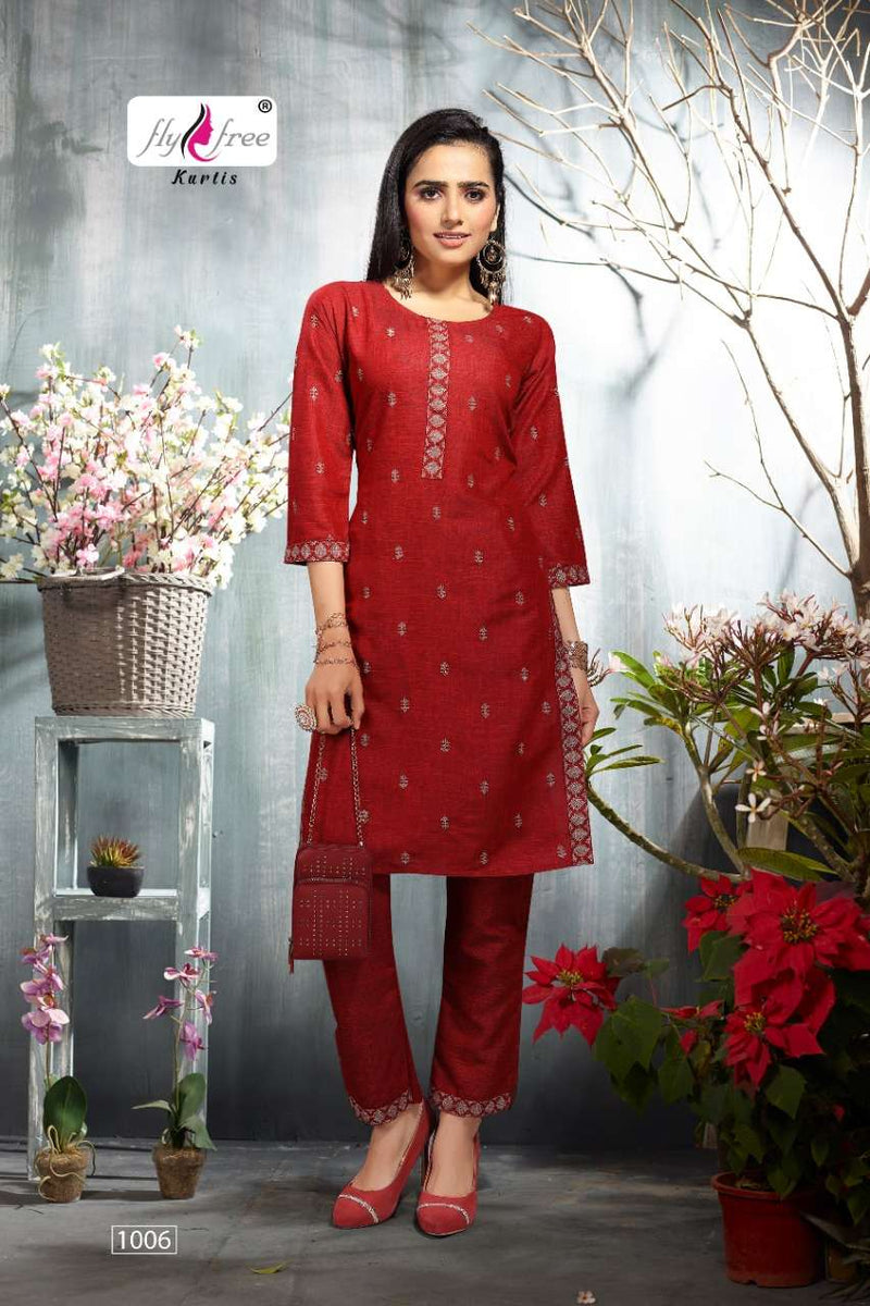 Fly Free Saloni Rayon Fancy Stylish Festive Wear Embroidered  Kurtis With Bottom