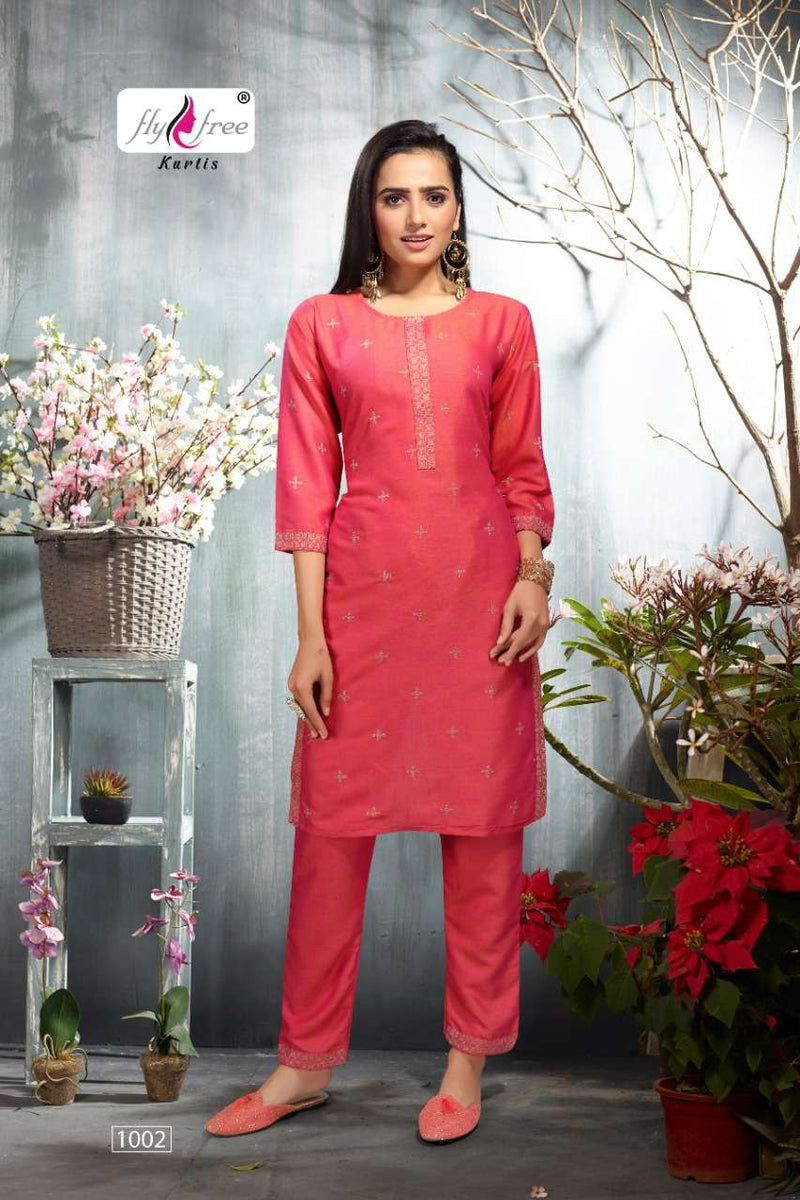 Fly Free Saloni Rayon Fancy Stylish Festive Wear Embroidered  Kurtis With Bottom