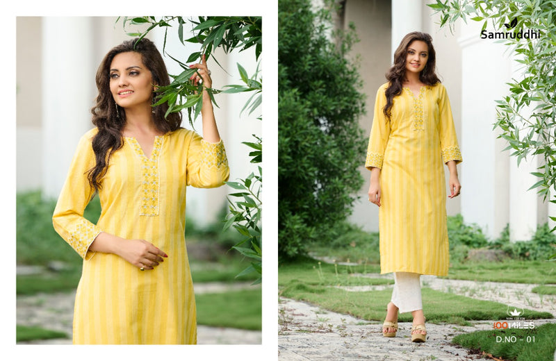 100 Miles Samruddhi Cotton Stylish Fancy Office Wear Kurtis