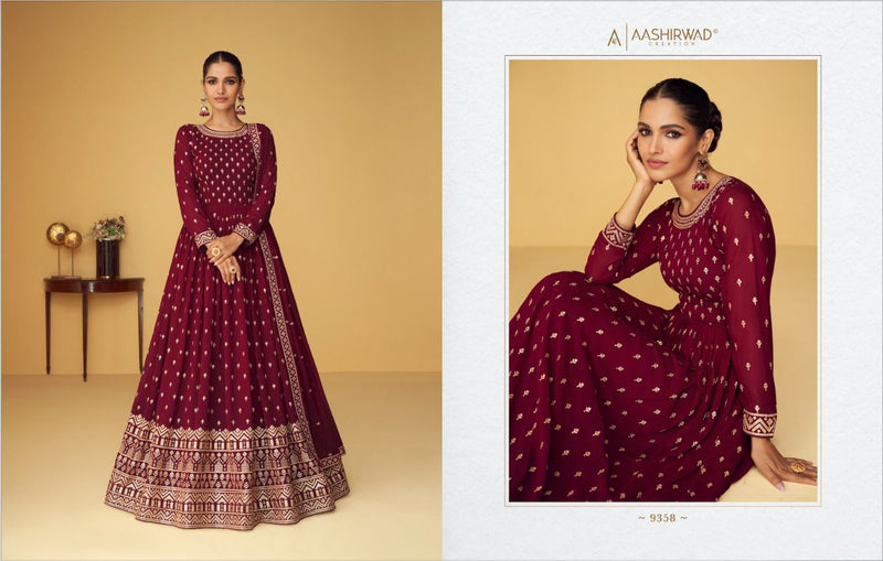 Aashirwad Heroine Gold Georgette With Fancy Embroidery Work Stylish Designer Long Gown