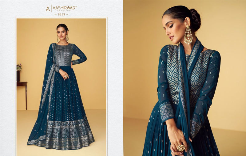 Aashirwad Heroine Gold Georgette With Fancy Embroidery Work Stylish Designer Long Gown