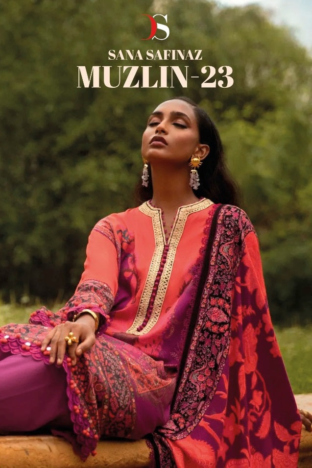 Deepsy Suit Sana Safinaz Muzlin 23 Pure Cotton With Fancy Work Stylish Designer Salwar Kameez
