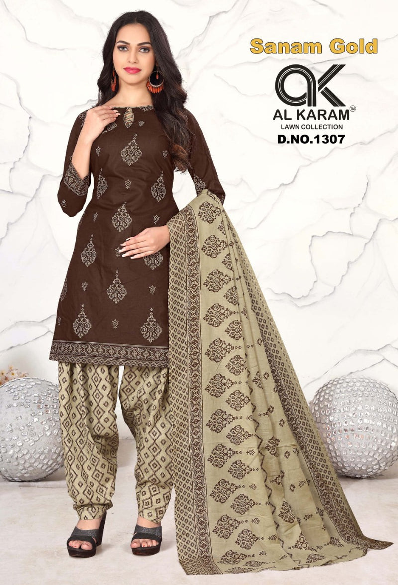 Al Karam Sanam Gold Pure Cotton With Printed Work Stylish Designer Salwar Kameez
