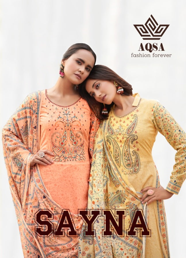 Aqsa Sanya Dno 1001 To 1008 Cambric Cotton Kasmiri Embroidery Work Stylish Designer Party Wear Salwar Suit