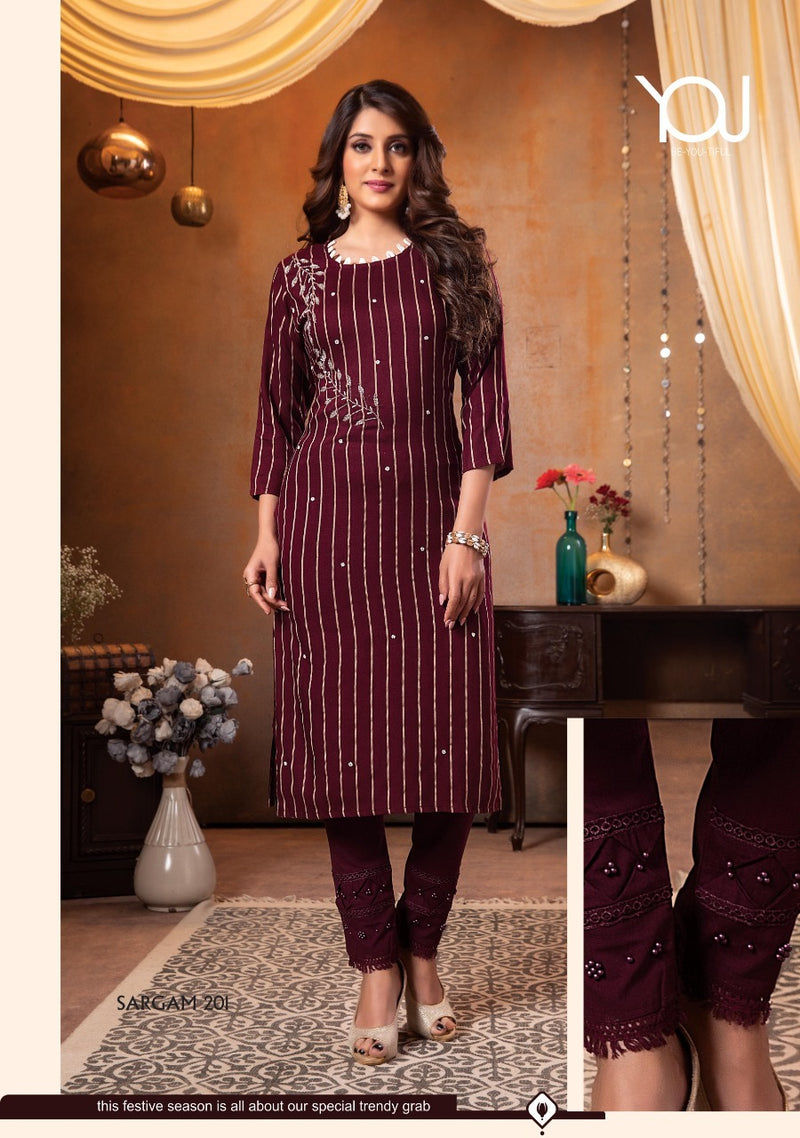 Wanna Sargam Vol 2 Viscose Rayon Stylish Fancy Party Wear Stripes Kurtis With Bottom