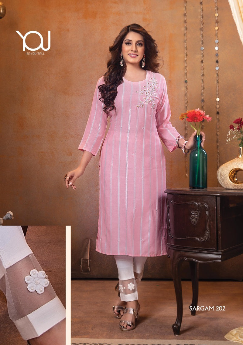 Wanna Sargam Vol 2 Viscose Rayon Stylish Fancy Party Wear Stripes Kurtis With Bottom