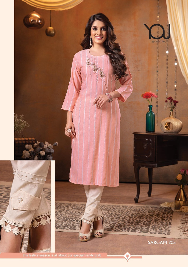 Wanna Sargam Vol 2 Viscose Rayon Stylish Fancy Party Wear Stripes Kurtis With Bottom