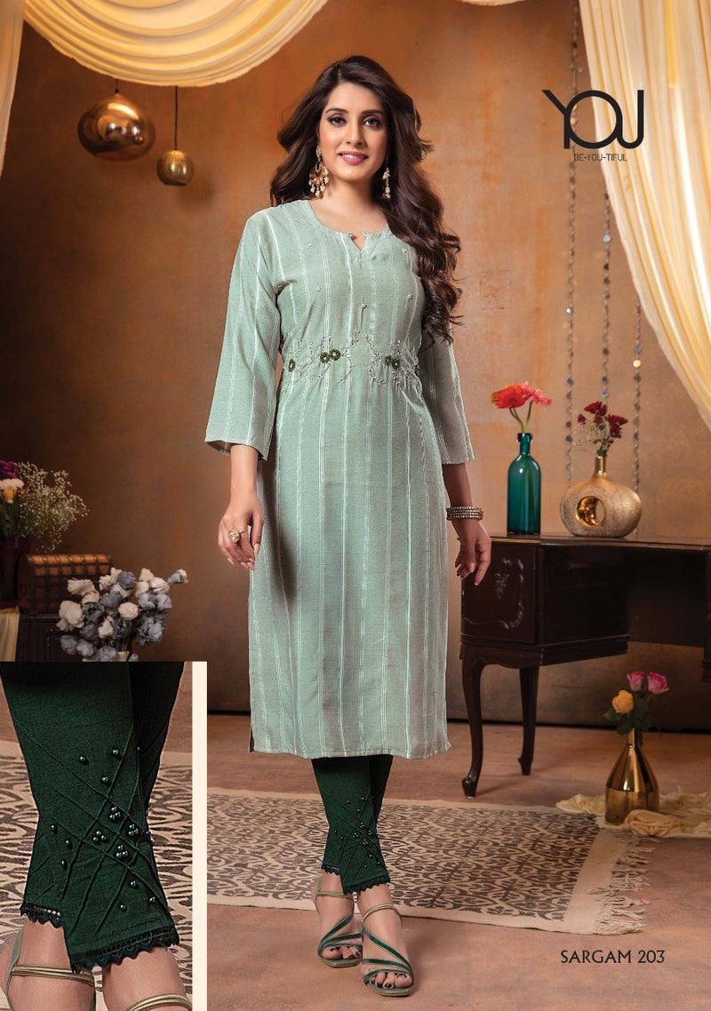 Wanna Sargam Vol 2 Viscose Rayon Stylish Fancy Party Wear Stripes Kurtis With Bottom