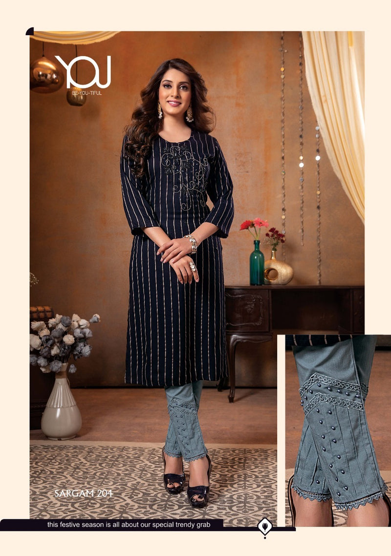 Wanna Sargam Vol 2 Viscose Rayon Stylish Fancy Party Wear Stripes Kurtis With Bottom