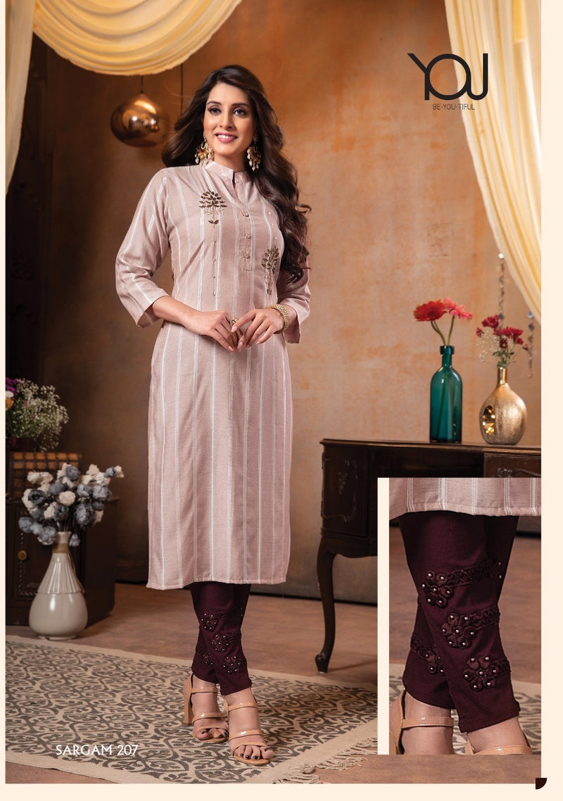 Wanna Sargam Vol 2 Viscose Rayon Stylish Fancy Party Wear Stripes Kurtis With Bottom