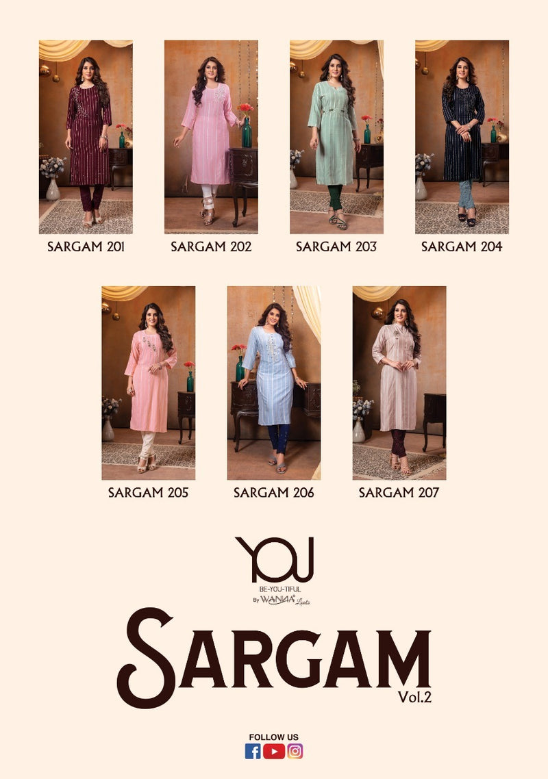 Wanna Sargam Vol 2 Viscose Rayon Stylish Fancy Party Wear Stripes Kurtis With Bottom