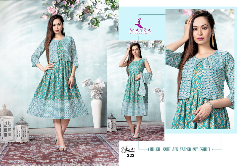 Mayra Sarthi Rayon Capsul Foil Printed Fancy Party Wear Kurtis With Jacket