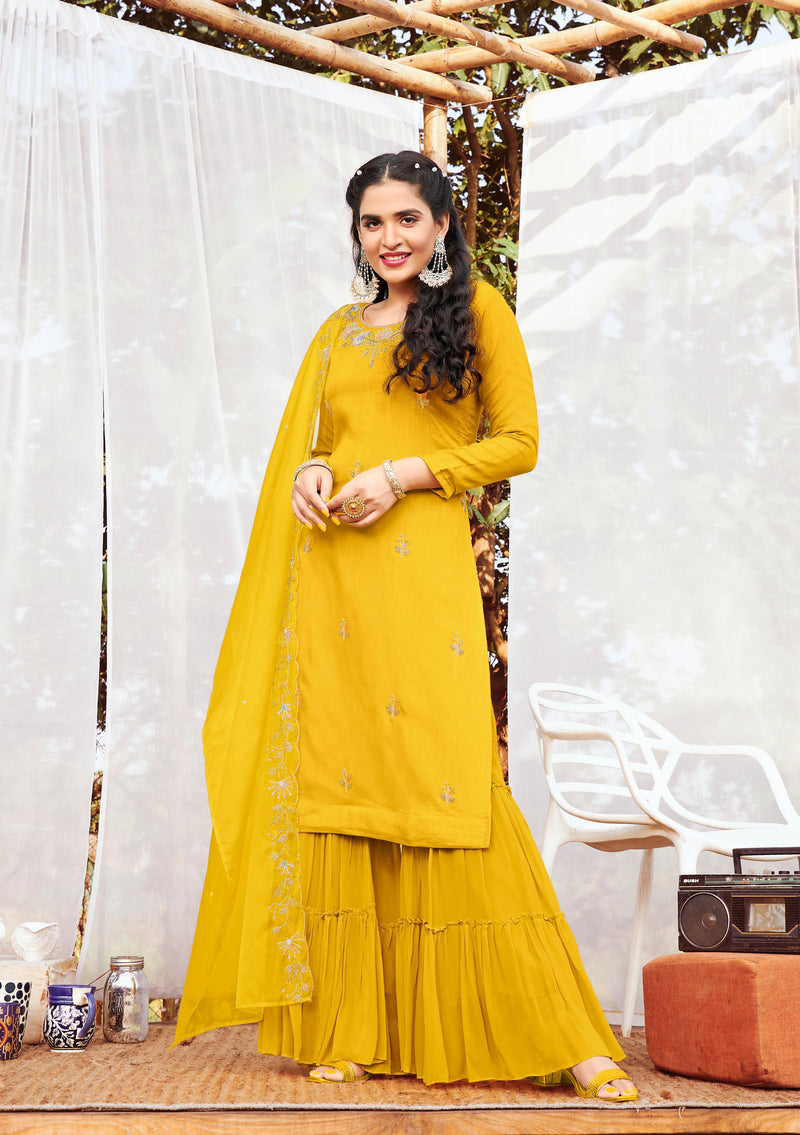 Anju Fabrics Sassy Girls Dola Silk Stylish Party Wear Kurtis With Sharara Style Bottom & Dupatta