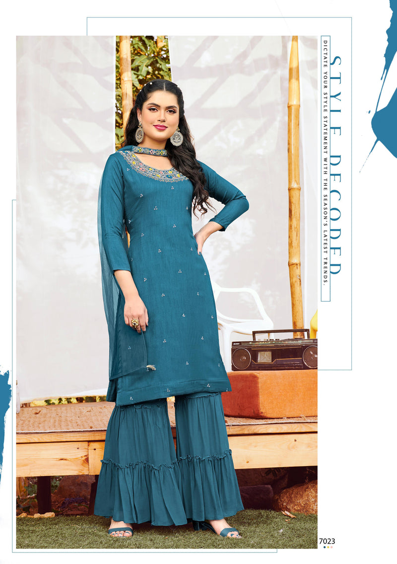 Anju Fabrics Sassy Girls Dola Silk Stylish Party Wear Kurtis With Sharara Style Bottom & Dupatta