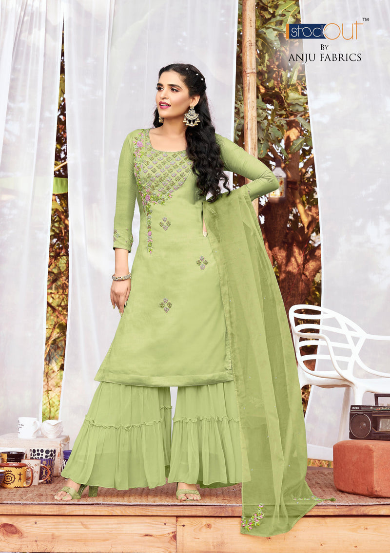 Anju Fabrics Sassy Girls Dola Silk Stylish Party Wear Kurtis With Sharara Style Bottom & Dupatta