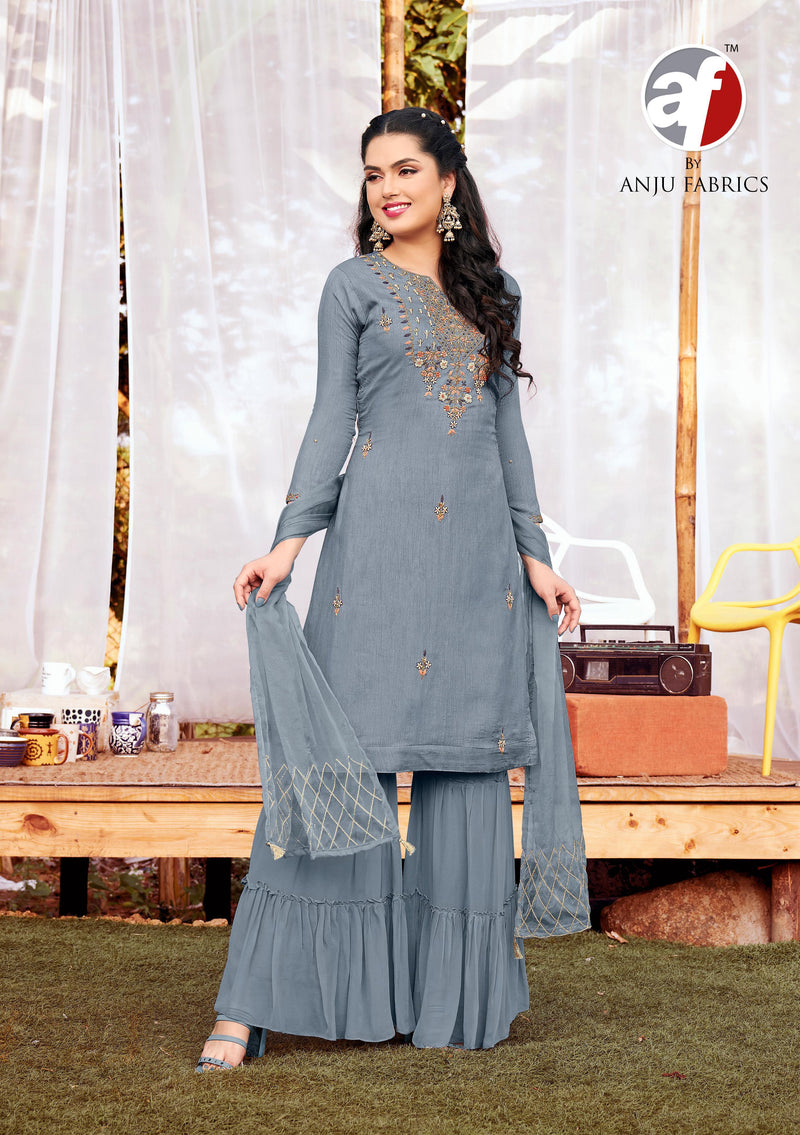 Anju Fabrics Sassy Girls Dola Silk Stylish Party Wear Kurtis With Sharara Style Bottom & Dupatta