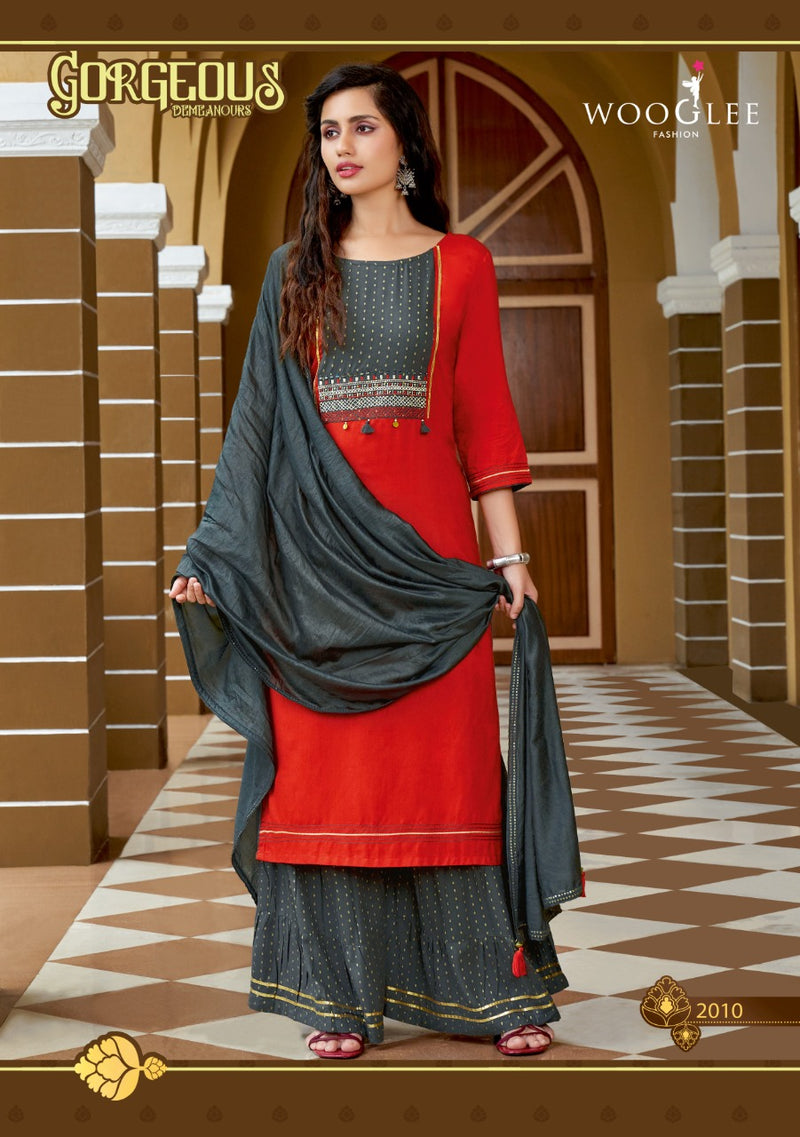 Wooglee Savree Vol 2 Rayon Printed Sharara  Bottom Style Party Wear Kurtis & Dupatta