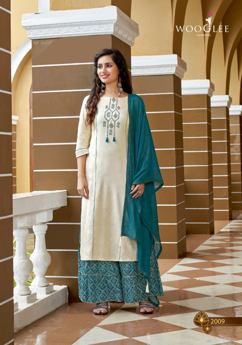 Wooglee Savree Vol 2 Rayon Printed Sharara  Bottom Style Party Wear Kurtis & Dupatta