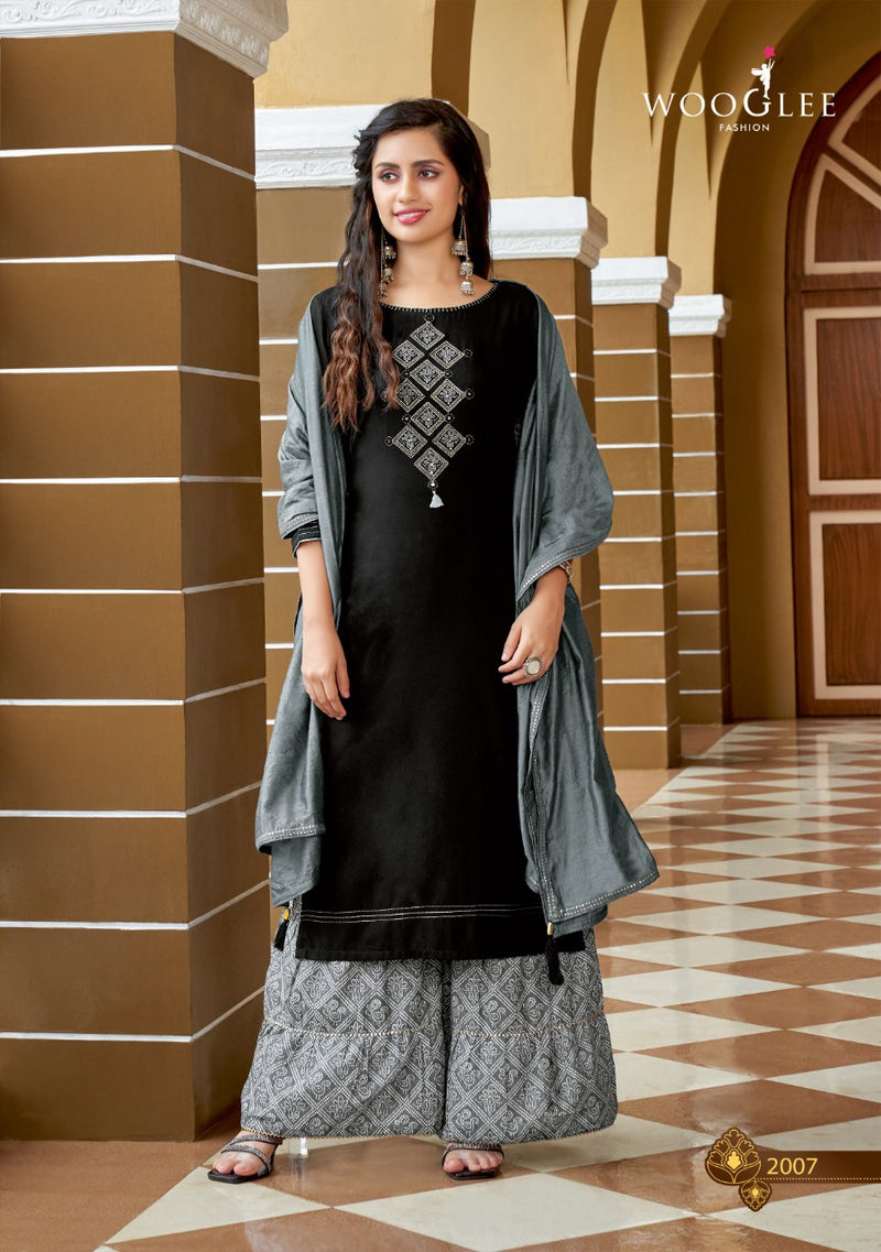 Wooglee Savree Vol 2 Rayon Printed Sharara  Bottom Style Party Wear Kurtis & Dupatta