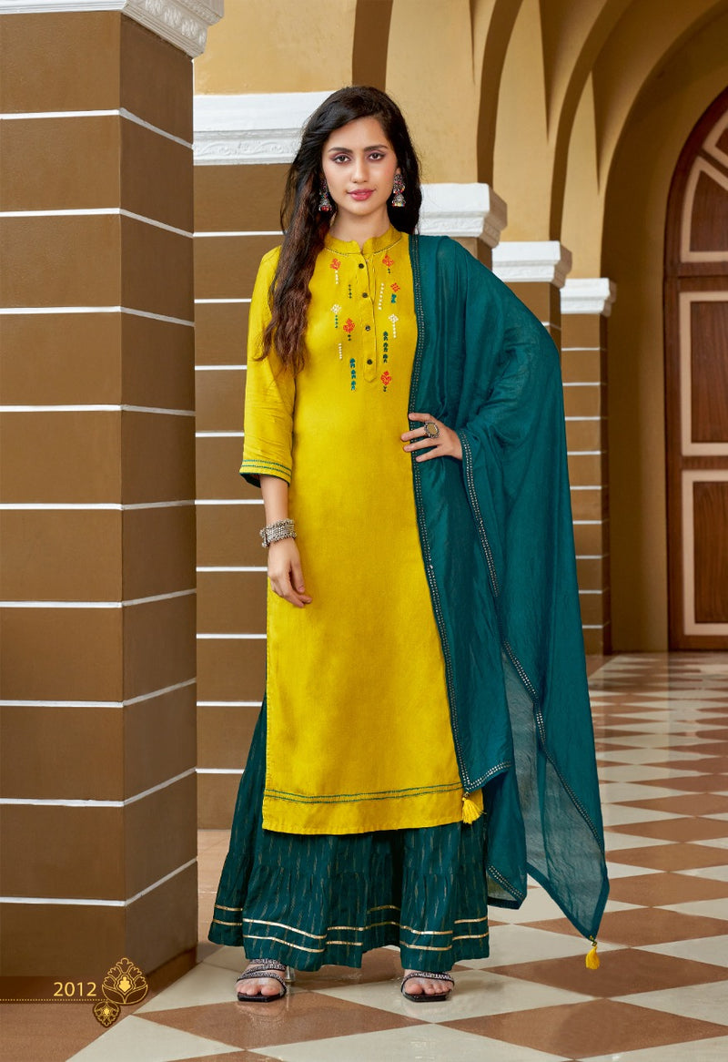Wooglee Savree Vol 2 Rayon Printed Sharara  Bottom Style Party Wear Kurtis & Dupatta
