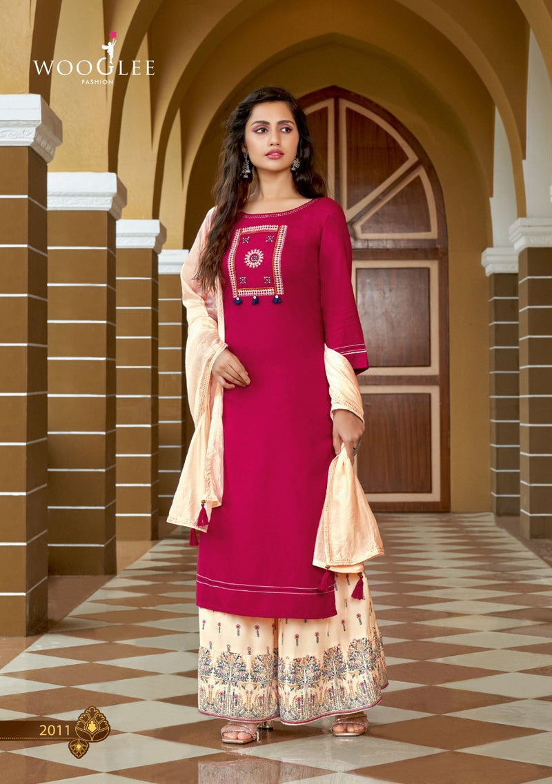 Wooglee Savree Vol 2 Rayon Printed Sharara  Bottom Style Party Wear Kurtis & Dupatta