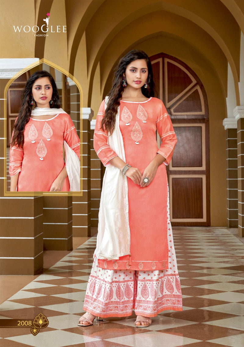 Wooglee Savree Vol 2 Rayon Printed Sharara  Bottom Style Party Wear Kurtis & Dupatta