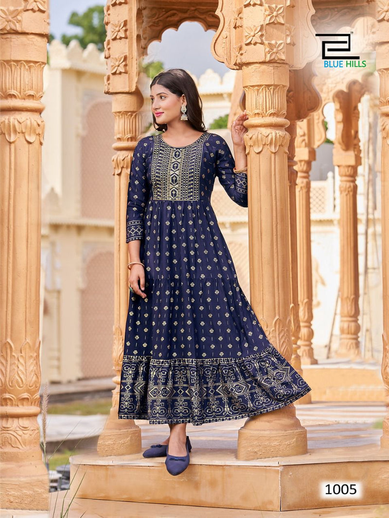 Blue Hills Schiffli Vol 9 Rayon With Zari & Sequence Embroidery Work Stylish Designer Casual Look Long Kurti