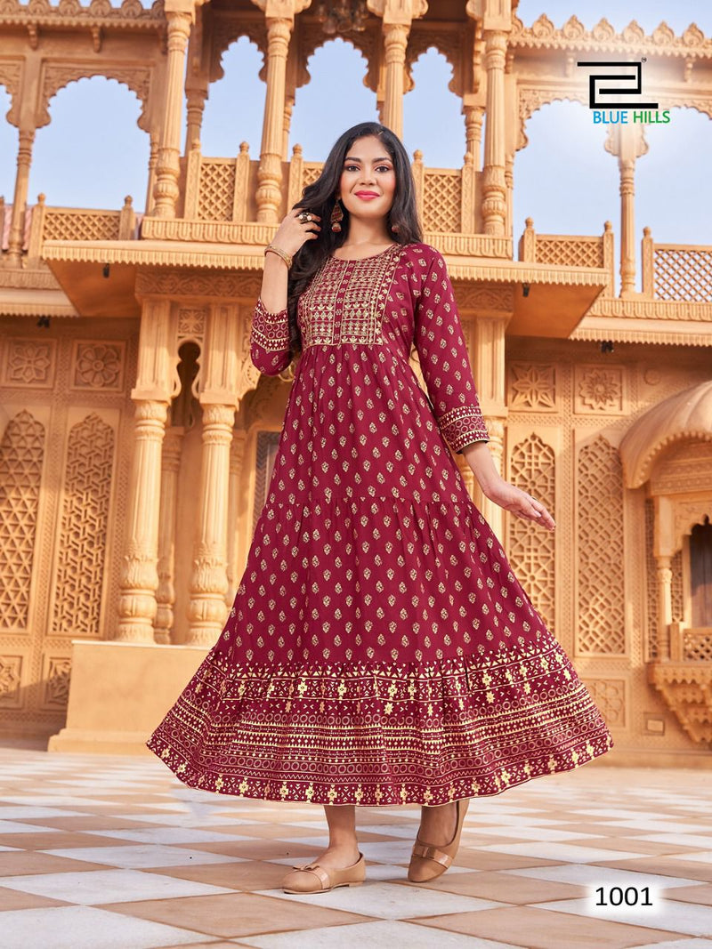 Blue Hills Schiffli Vol 9 Rayon With Zari & Sequence Embroidery Work Stylish Designer Casual Look Long Kurti