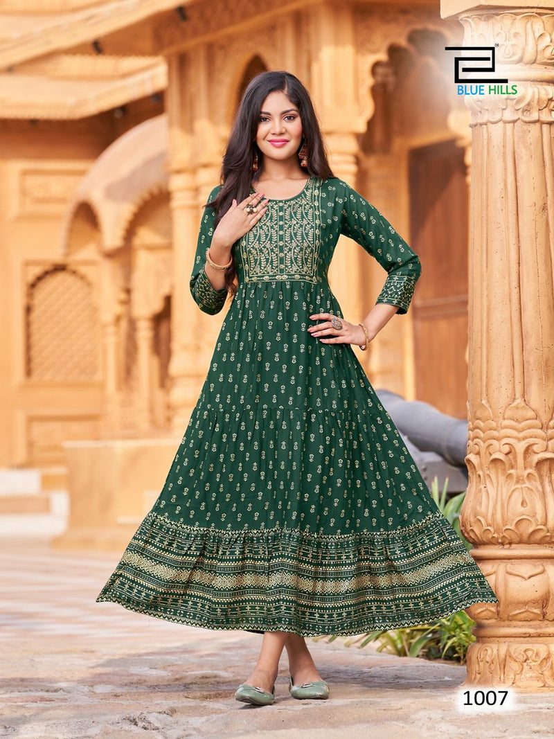 Blue Hills Schiffli Vol 9 Rayon With Zari & Sequence Embroidery Work Stylish Designer Casual Look Long Kurti