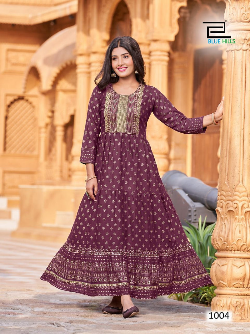 Blue Hills Schiffli Vol 9 Rayon With Zari & Sequence Embroidery Work Stylish Designer Casual Look Long Kurti