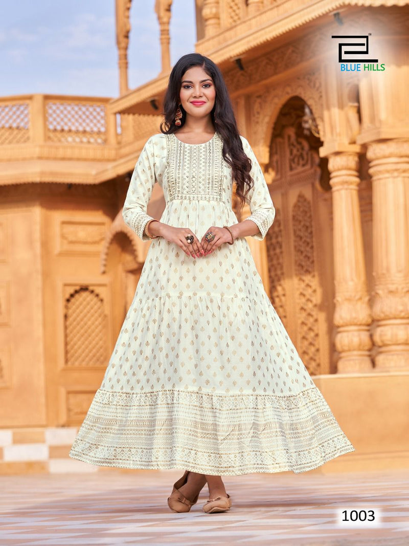 Blue Hills Schiffli Vol 9 Rayon With Zari & Sequence Embroidery Work Stylish Designer Casual Look Long Kurti