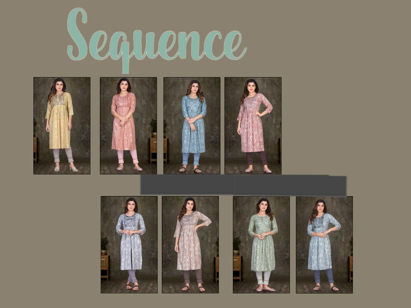 Beauty Queen Sequence Vol 1 Rayon Fancy Party Wear Kurtis With Naira Cut Patterns