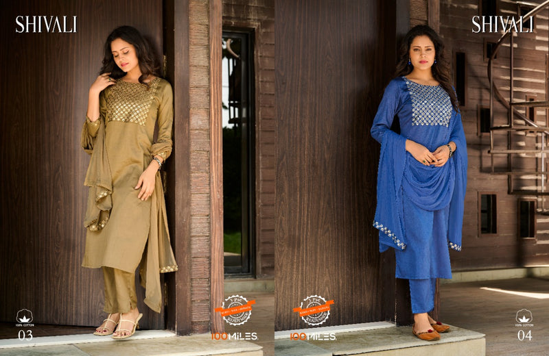100 Miles Shivali Cotton Satin Fancy party Wear Kurtis With Bottom & Dupatta