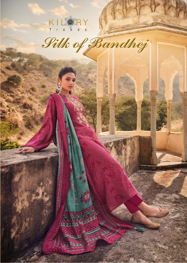 Kilory Trendz Silk Of Bandhej Viscose Musline Digital Foil Print Fancy Coding Work Fancy Designer Partywear Salwar Suit