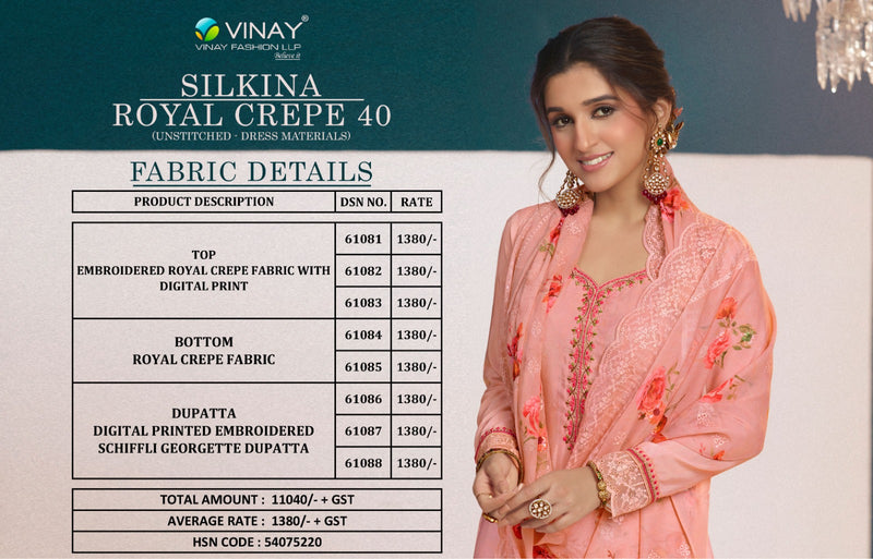 Vinay Fashion Silkina Royal Crepe Vol 40 Silk Embroidered Fancy Designer Digital Printed Salwar Kameez