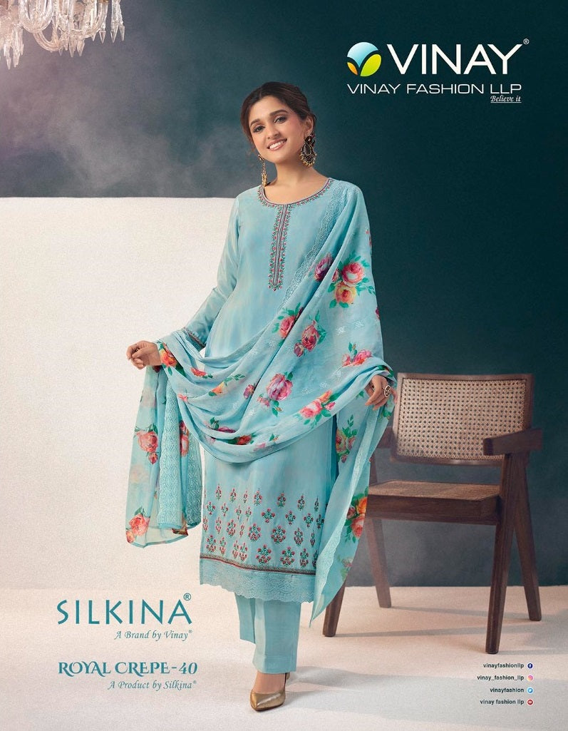 Vinay Fashion Silkina Royal Crepe Vol 40 Silk Embroidered Fancy Designer Digital Printed Salwar Kameez
